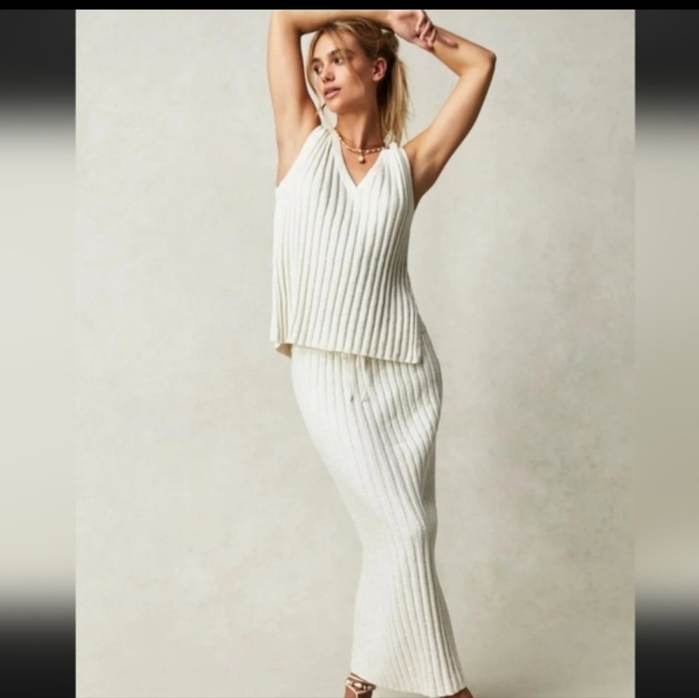 Free People Beach Veda Sweater Set Cotton-Linen- Viscose Blend In Cream Size Med - Picture 2 of 4